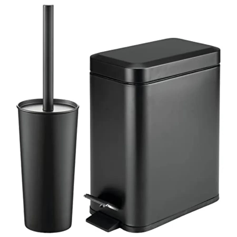 Scopino e Portascopino in Metallo Autoportante Sottile + Cestino Rettangolare Stretto con Pedale da 5 L / 1,3 Galloni per Bagno