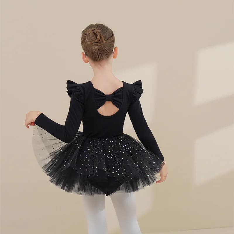Toddler Girls Black Cotton Long Sleeve Leotard Ballet Dress Tulle Skirt for Chinese Dance