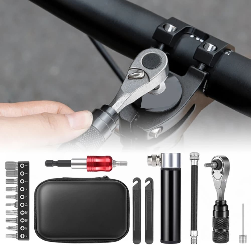 Chiave a cricchetto Cacciavite Leve per pneumatici Kit di riparazione multifunzione Scatola con pompa per bici per manutenzione bici e ciclismo all'aperto