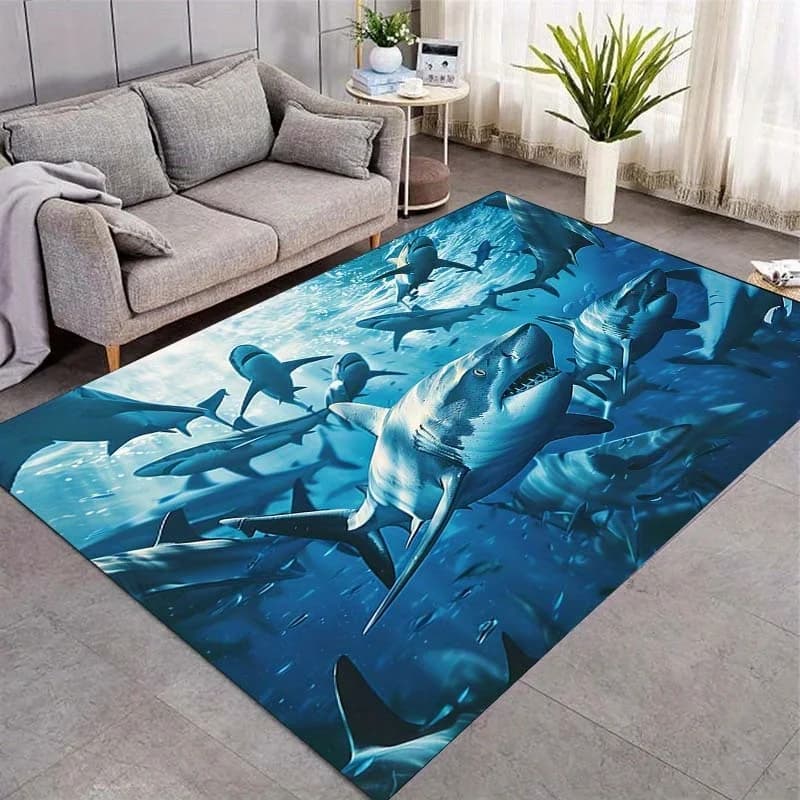 Shark Group Crystal Rug, 800gsm Velvet Polyester, Non Slip Carpet, Realistic Underwater Scene, Bold Living Room Bedroom Decor