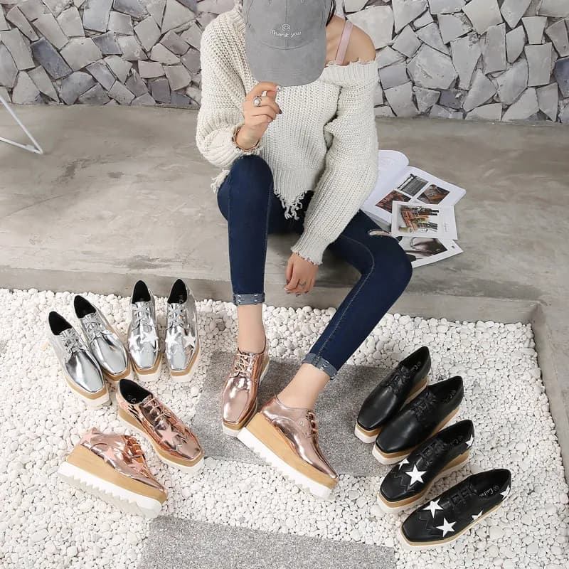 Chunky Sneakers Women Retro Running Stars Shoes Fashion Casual Pig Leather Square Toe Height Increased Platform Shoes