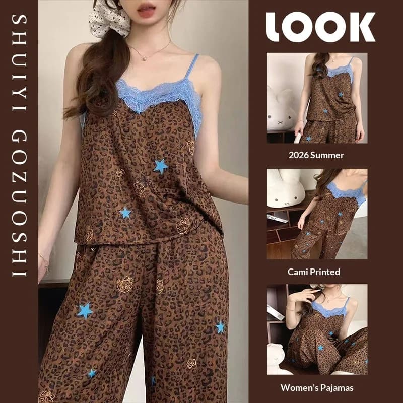 Summer New Women's Vest with Chest Cushion Home Set Sexy Leopard Print Comfortable Breathable Suspender Pants Pajama Home Set