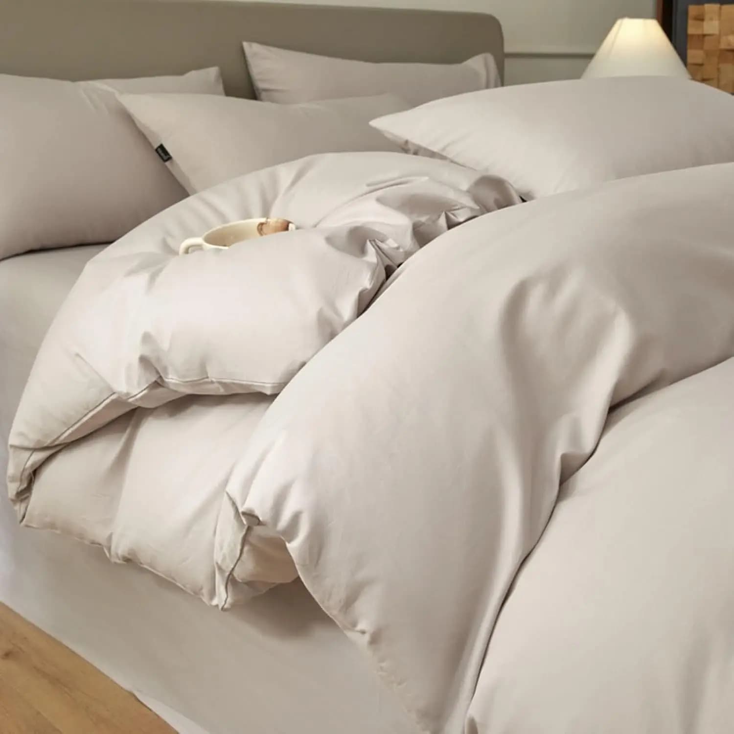 Set di 4 Lenzuola in Cotone, Set Biancheria da Letto Reversibile Tinta Unita King Size con Lenzuolo e 2 Federe, Beige Grigio Chiaro, 2.0m-2