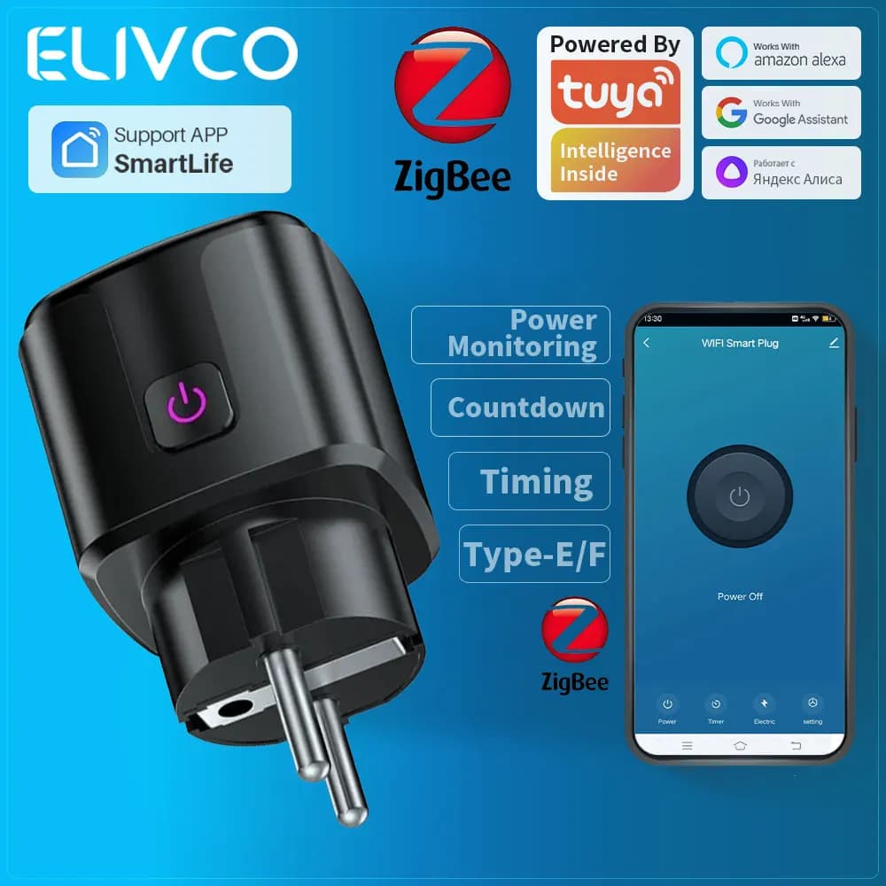 Presa Intelligente Tuya Zigbee 16A EU con Monitoraggio Consumo, Timer e Controllo Vocale Compatibile con Alexa, Google Assistant e Alice