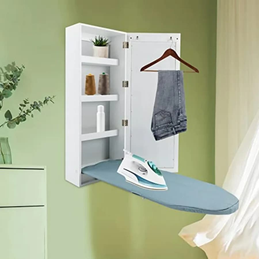 Wall-Mounted Ironing Board Cabinet with Mirror Foldable Storage Holder White for Home Laundry Space Saving Solution