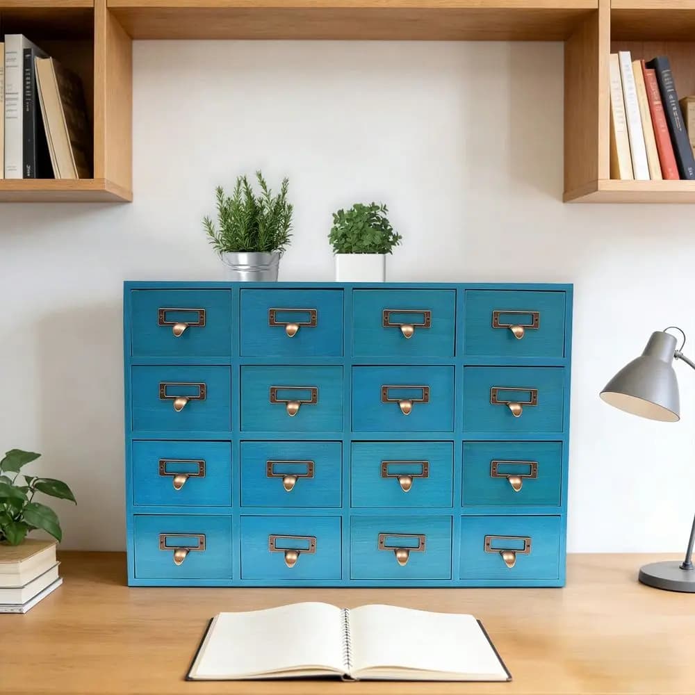 Cassettiere in legno per erbe aromatiche, armadietti da farmacia, librerie e cataloghi, organizer da scrivania con scomparti