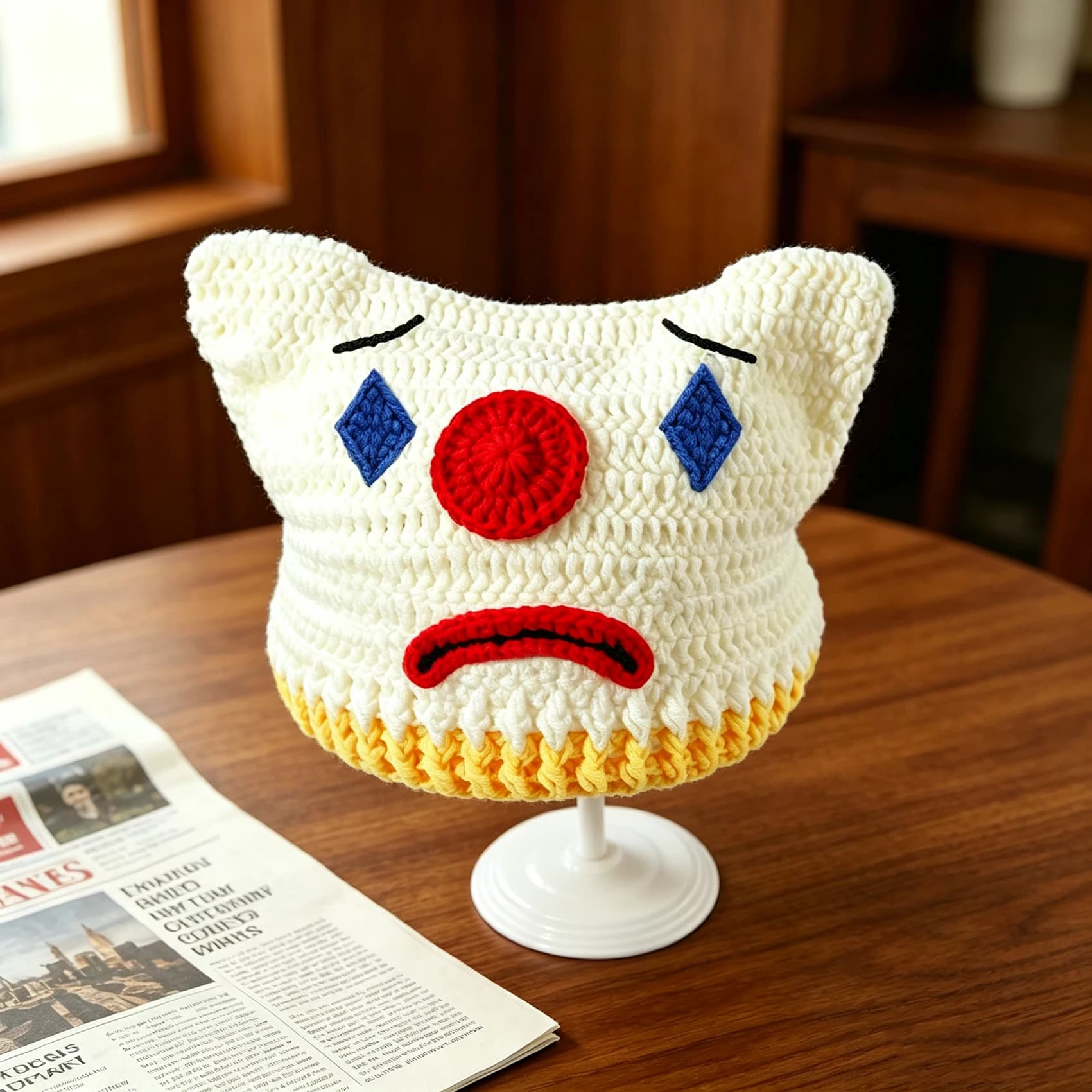 White Clown Hat Handmade Crochet Versatile Knit Cat Ear Beanie Cute&Quirky Hat For Women Autumn&Winter Knit Cap For Halloween