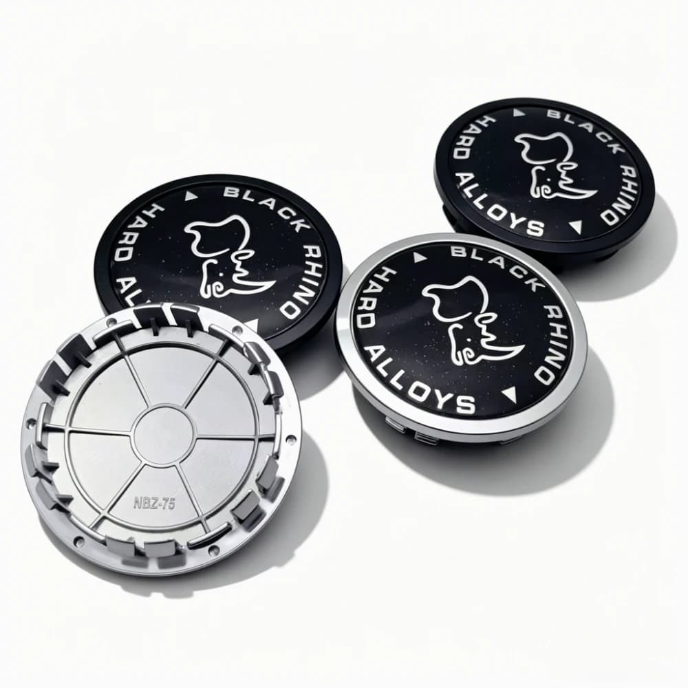 4 Pezzi Coprimozzo Nero con Logo Rhino per Cerchi Auto 75MM, Coprimozzi 65MM, Copertura Antipolvere per Ruote, Accessori Styling Auto