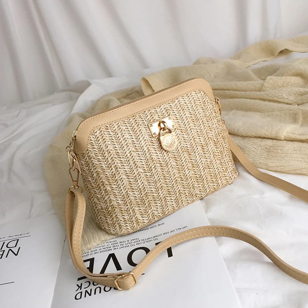 Korean Straw Shoulder Bags Women Shell Woven Messenger Travel Crossbody Handbags Female Zipper Crossbody Bags