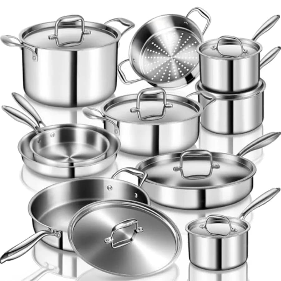 Set di Pentole in Acciaio Inox a 3 Strati, 17 Pezzi, Compatibile con Forno e Lavastoviglie, Padelle per Induzione