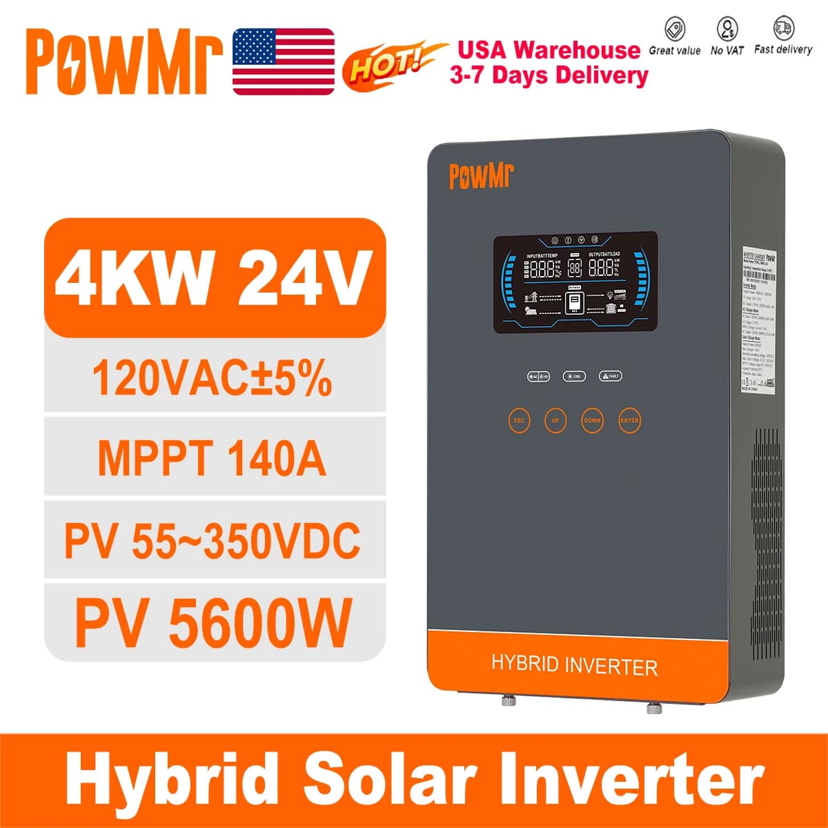 PowMr USA 4000W 24V Hybrid Solar Inverter Charger 100/110/120V AC Pure Sine Wave 140A MPPT Charger Max 5600W PV 55-350V DC Off Grid Inverter for Lead Acid AGM Gel Lithium Battery Home Emergency Solar Power System
