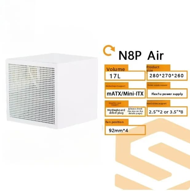 N8P Air 8-Bay NAS Chassis, White Mini ITX Home Server Computer Case for Hard Drive Storage