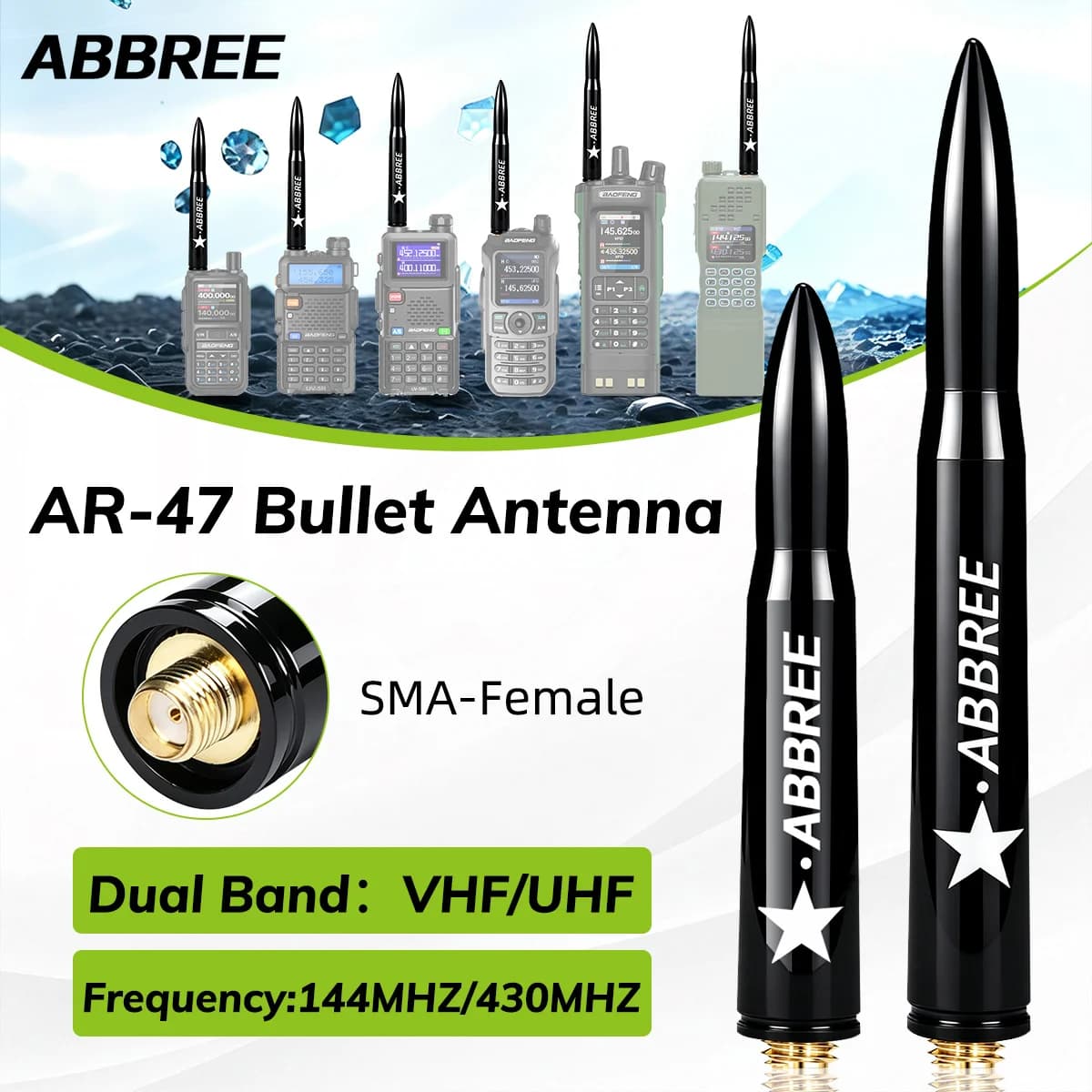 ABBREE AR‑47 Bullet Antenna High Gain SMA‑Female VHF UHF Walkie Talkie Antenna for Baofeng UV‑5R Mini UV-5RH Quansheng UVK5 UVK1