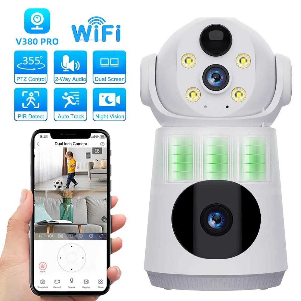 V380 8MP 4K 4G Telecamera IP Doppia lente Doppio schermo Batteria a basso consumo Baby Monitor PIR Rilevazione umana Telecamera di sicurezza per visione notturna