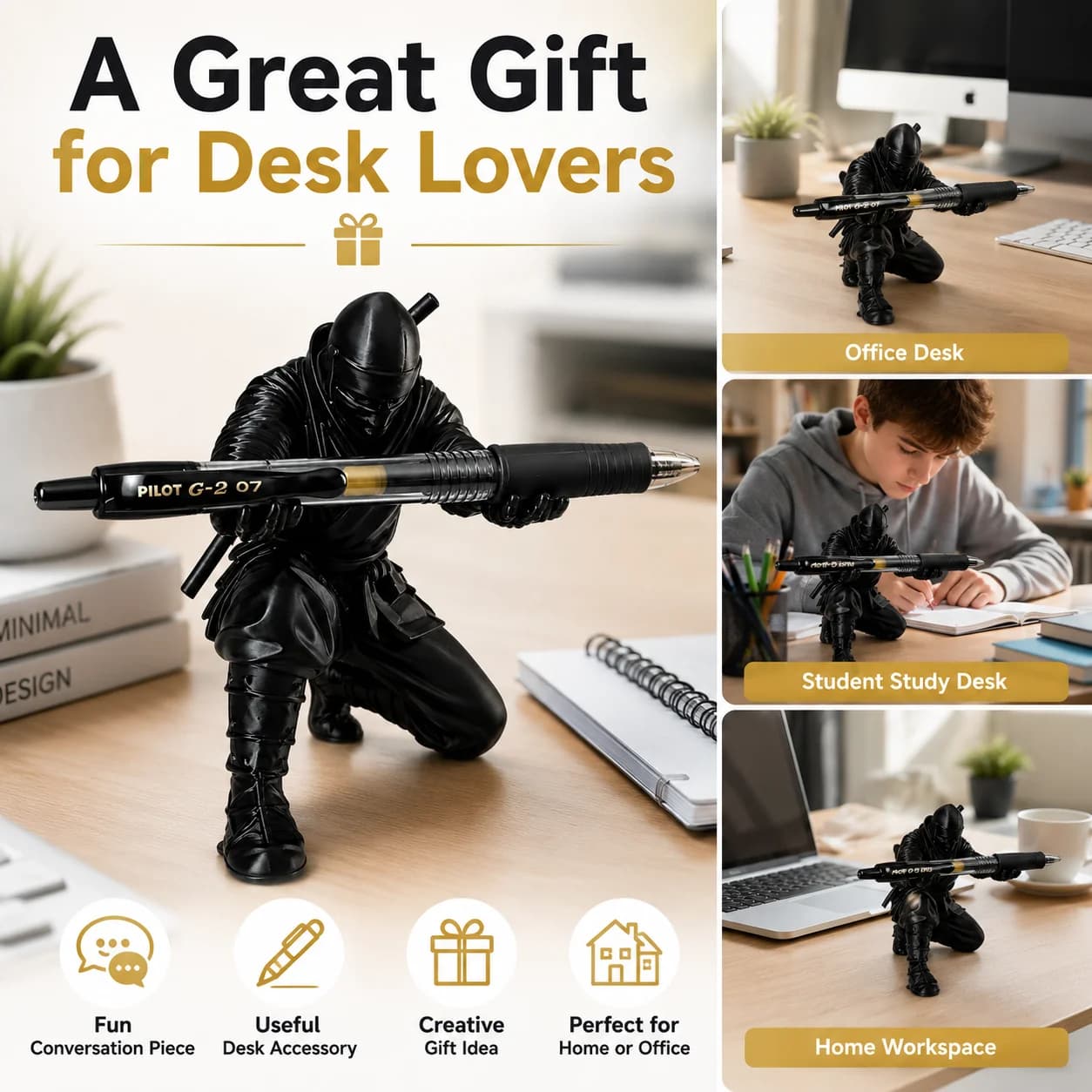 (9*7.86cm) 3D Printed Desktop Organizer Black Ninja Pen Holder Novelty Gift Miniature Cultural Creative Samurai Ornament Kawaii