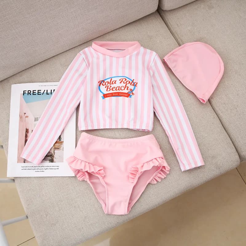 2025 Set di costumi da bagno divisi per neonate estive per bambini da 1 a 10 anni Manica lunga Un costume da bagno + bikini + cuffia da bagno Set di tre pezzi