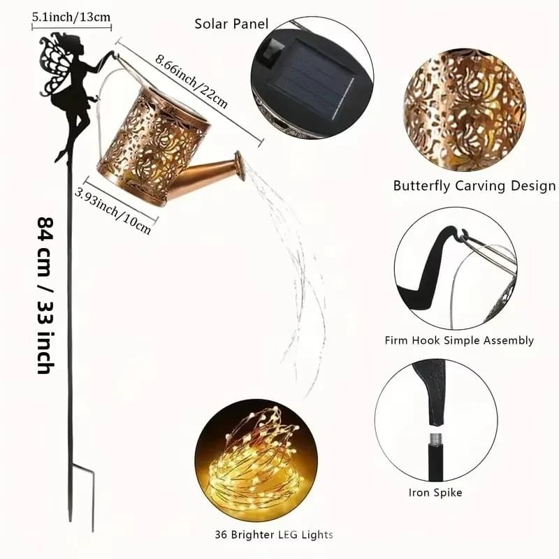 Solar Garden Stake Watering Can Projection Lights Waterfall Fairy String Lights for Yard Lawn Pathway Ornament