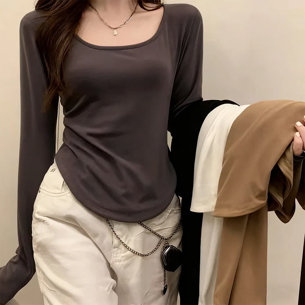 1pcs Women's Long-Sleeved T-Shirt Fitted Casual Short Top Unique Hem Autumn Winter Girls' Basic Solid Color Fashion Top