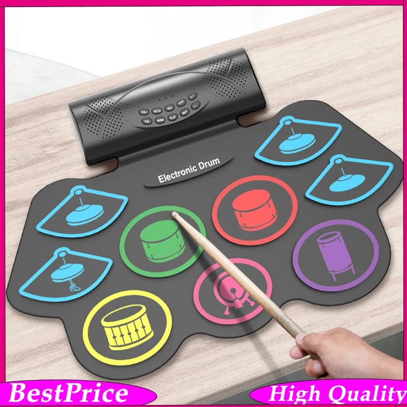 MD862MC 9-Pad Bluetooth Portable Electronic Drum Kit – Colorful Silicone Roll-Up Drum Set Foldable For Beginners Practice Drum