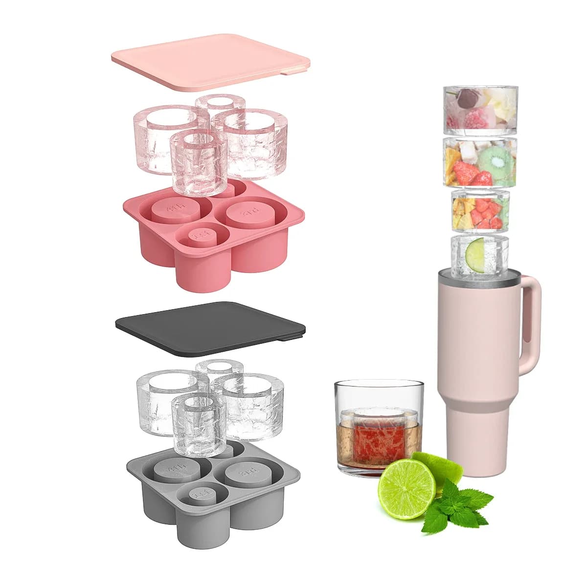 Stampo per cubetti di ghiaccio per bicchiere Stanley Cup 20oz 30oz 40oz, vassoio per cubetti di ghiaccio con cilindro in silicone con coperchio, stampo per ghiaccio per mantenere le bevande fredde