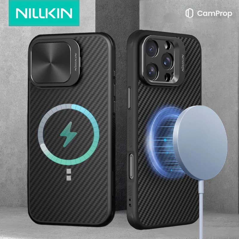 Custodia compatibile Nillkin Magsafe per iPhone 16 Pro Max con cavalletto magnetico con lente in fibra aramidica, copertura protettiva completa antigoccia
