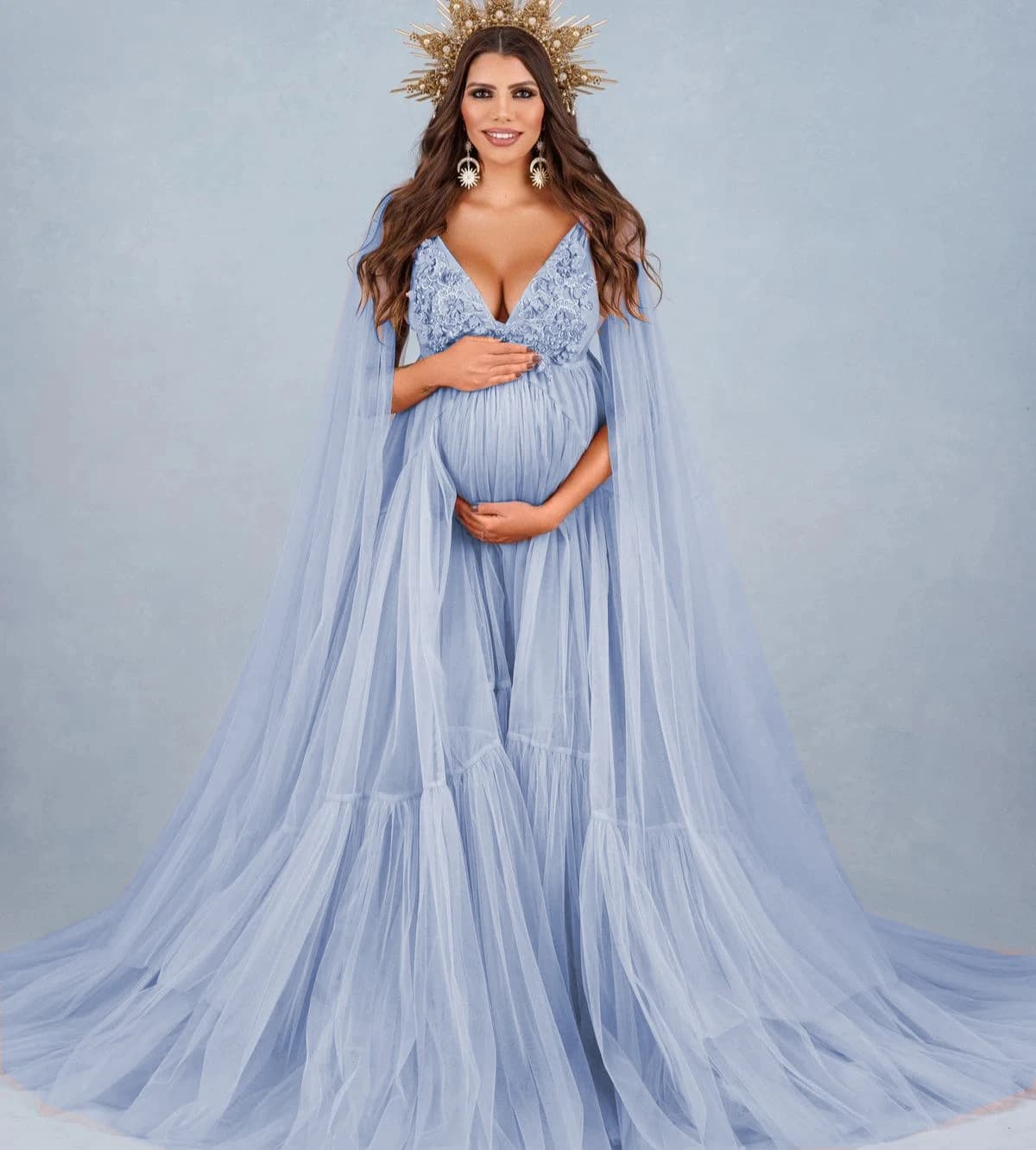 Nuovo abito premaman per servizio fotografico o babyshower Abito premaman in tulle di pizzo con perle e mantella Accappatoio da notte