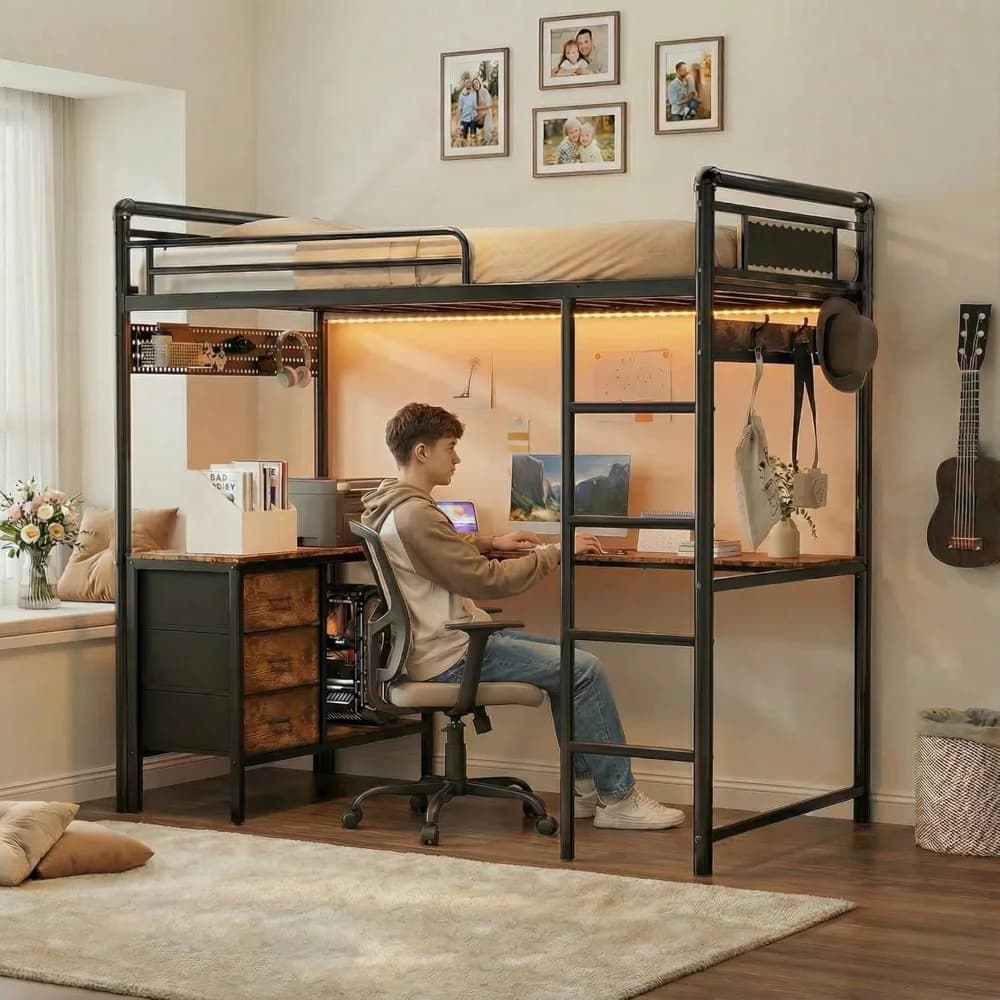 Letto a soppalco doppio con scrivania a L, struttura in metallo, scale, cassetti, LED, ricarica, pegboard, appendiabiti, resistente, per adulti