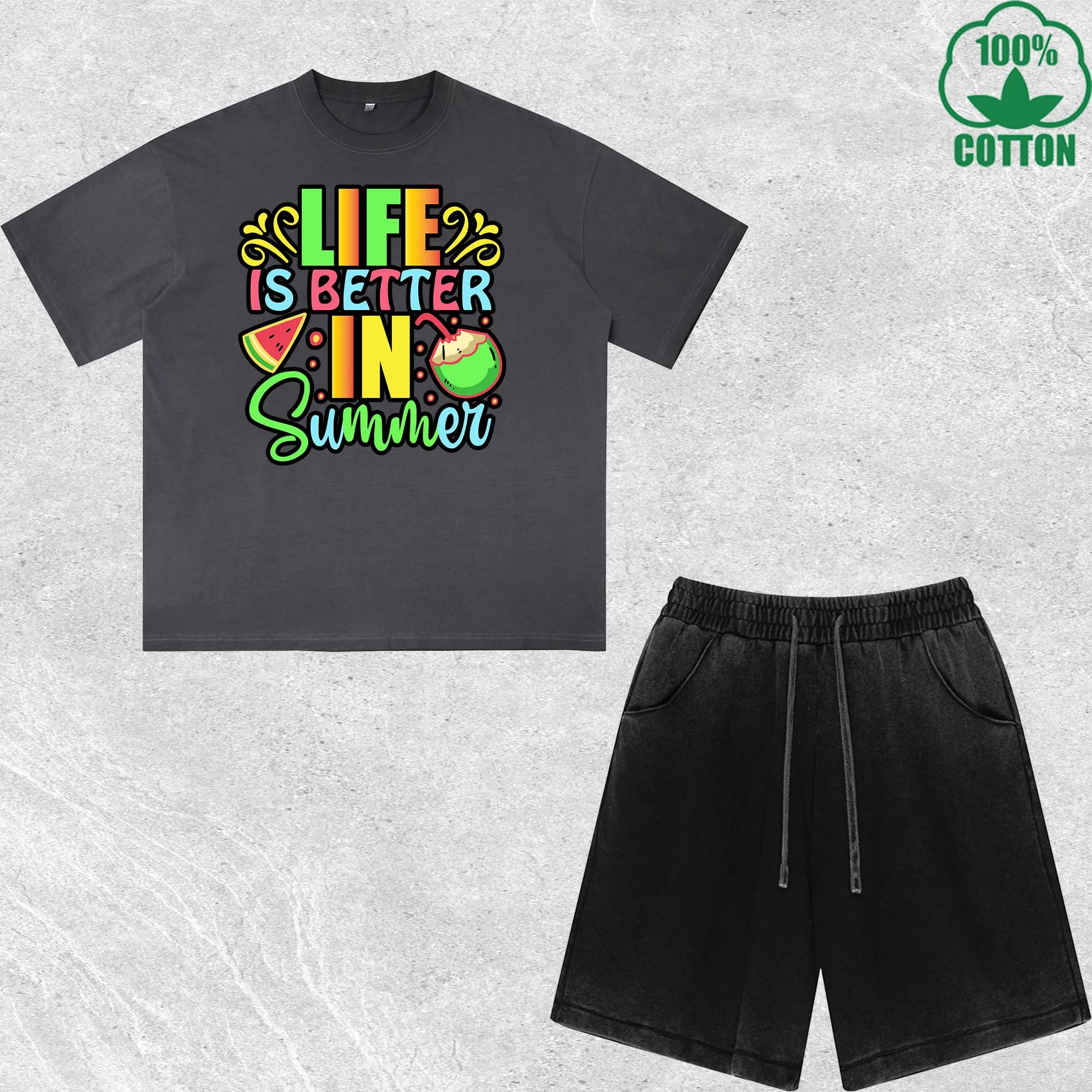Set T-Shirt e Pantaloncini Stampati 'Life Is Better in Summer' Effetto Lavato, Multicolore, Stile Trendy e Comodo, 100% Cotone