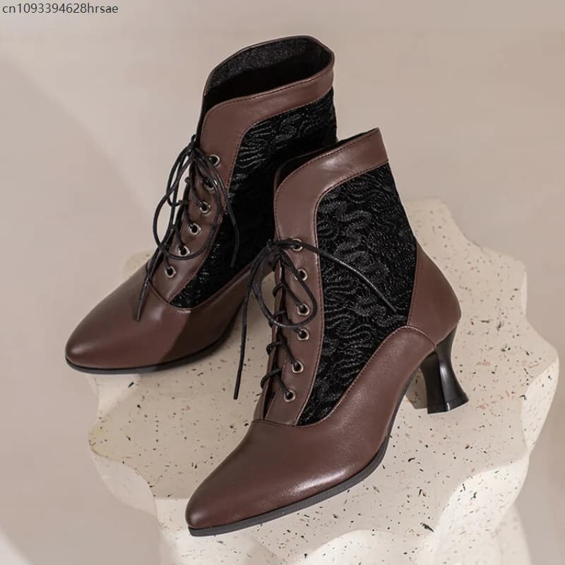 Stivaletti vittoriani da donna Scarpe con tacco in pizzo in pelle per donna Moda con lacci impiombati Tacchi alti da donna Stivali da donna alla caviglia 46