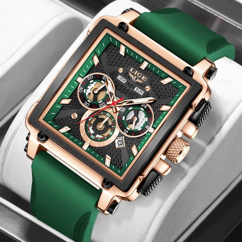 LIGE Orologio da uomo d'affari casual Orologio da uomo in silicone verde quadrato creativo per uomo Orologi da polso al quarzo da uomo impermeabili sportivi di moda