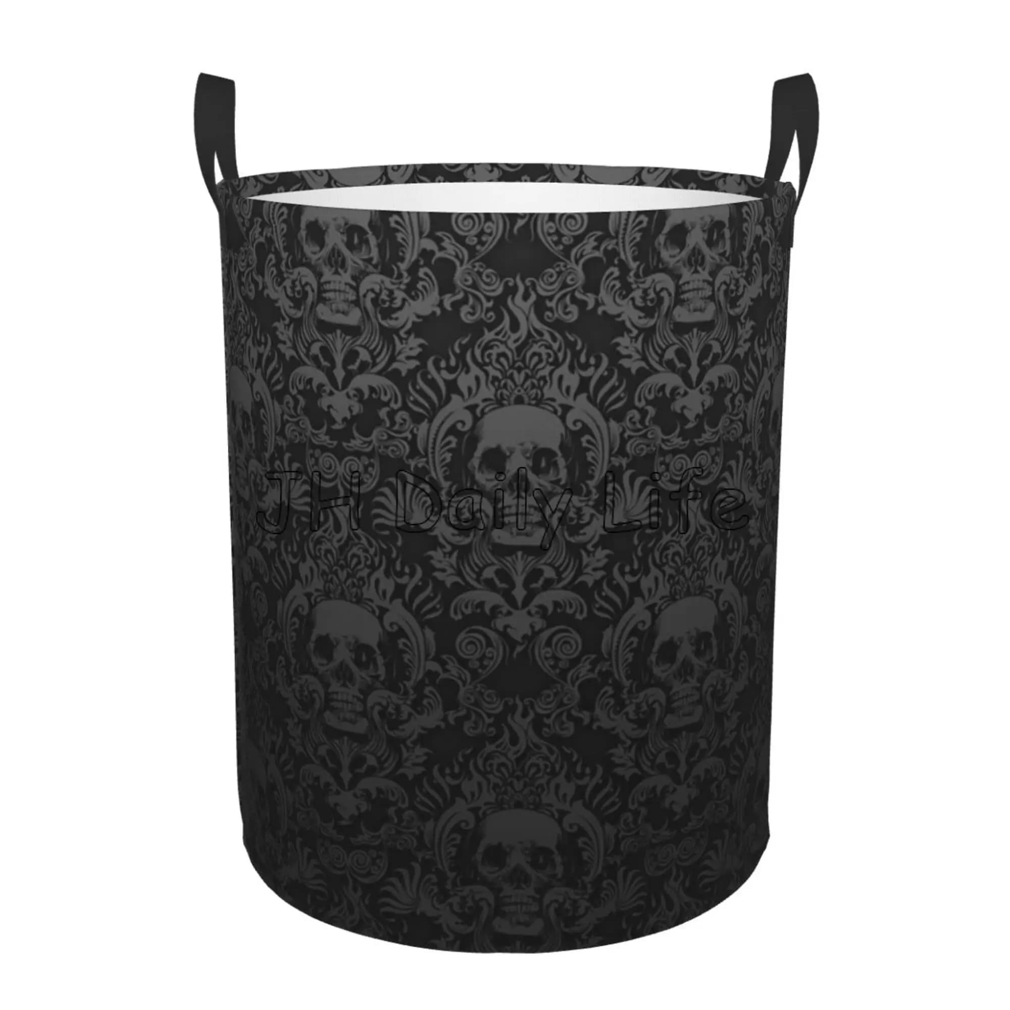 Waterproof Goth Gothic Black Skull Damask Circular Baskets Round White Paper Bags Folding Whitery Bags For Bathroom Bedroom