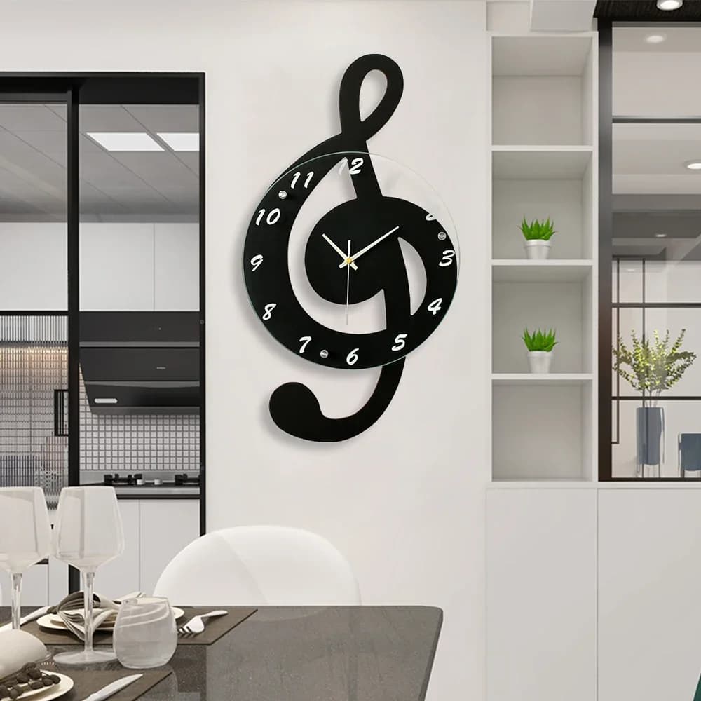 Durable and elegant wall clock with musical notes, silent, without ticking, battery powered, modern black furniture, 9.45 inch round, quartz movement