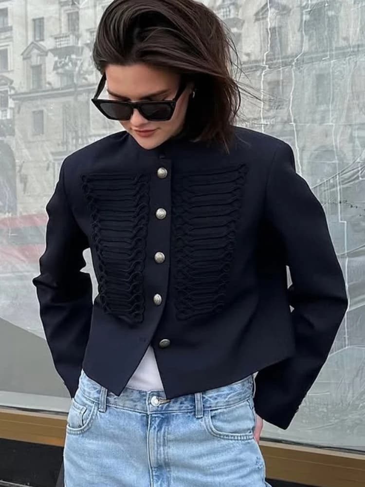 Retro Denim Militare Breve Giubbotti Donne Chic Solido Del Collare Del Basamento Monopetto Cappotto Sottile Della Signora Quotidiano Strada Della Tuta Sportiva 2026 Nuovo