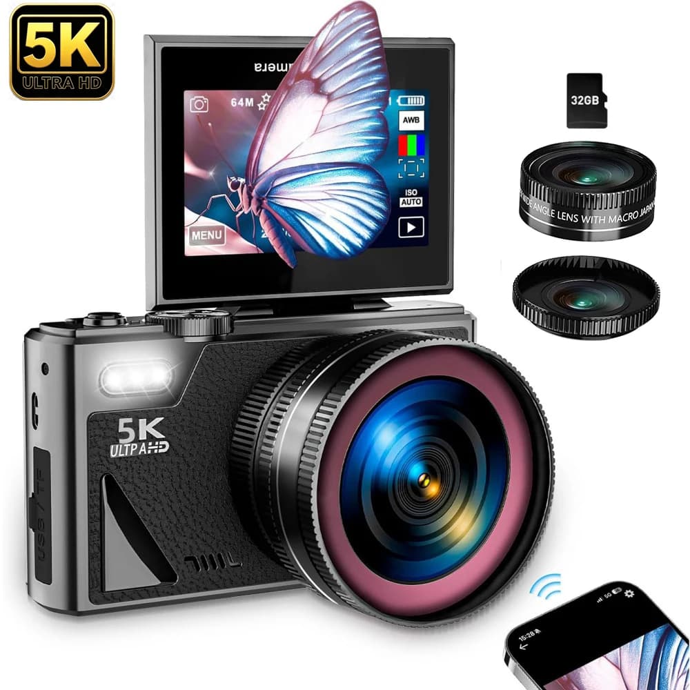 Life Camera Photographer Flip Screen Attachable Wide-Angle Macro Lens Travel Photography & Video Student 5K Wi-Fi Digital Camera