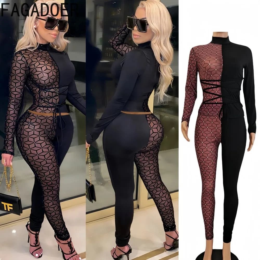 FAGADOER Autumn Sexy Mesh 2 Pieces Set for Woman Outfits See Through Print Patchwork Crop Top and Pants Suit Female Streetwear