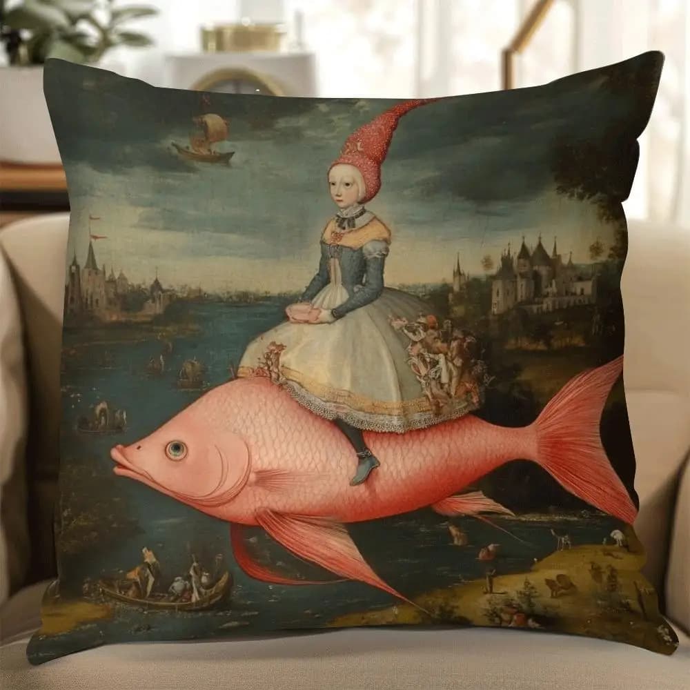 Fodera per cuscino decorativa a doppio lato con stampa artistica rinascimentale di ragazza che cavalca un pesce, ispirata a pittura medievale surreale, per l'arredamento della casa