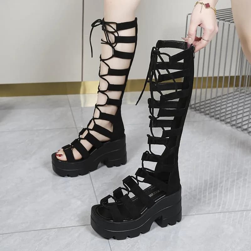 Luxury The 2026 Summer High-top Sandals with Thick-soled Perforated Straps and Fashionable Open-toe Long Cool Boots for Women