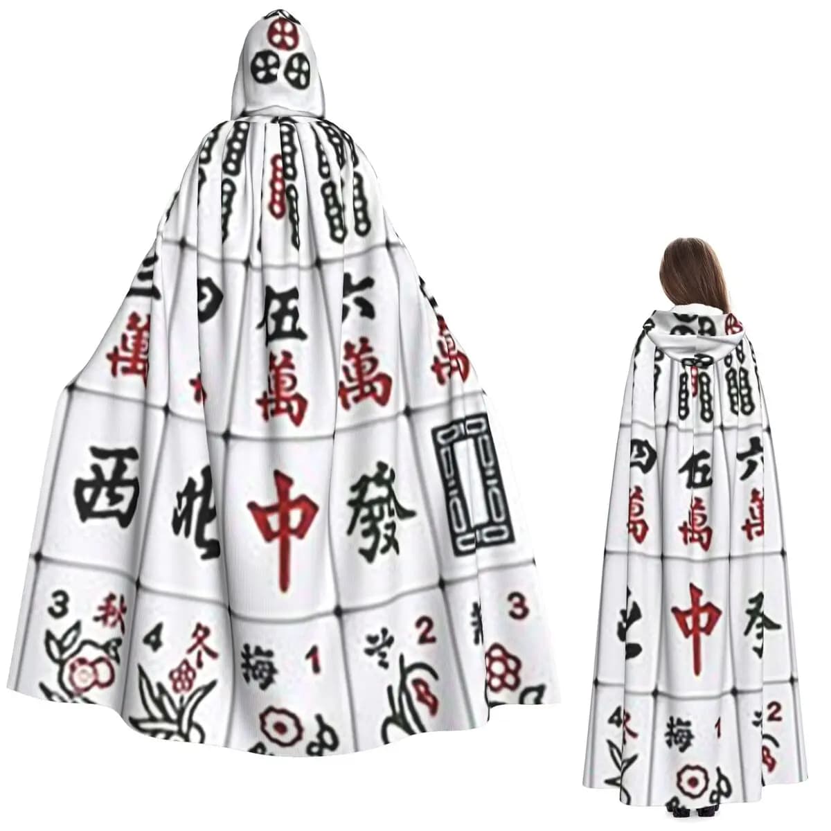 Mantello Lungo con Cappuccio Motivo Mahjong 8 Costume da Strega Medievale Cosplay Mantello Halloween Vampiro Unisex Adulto