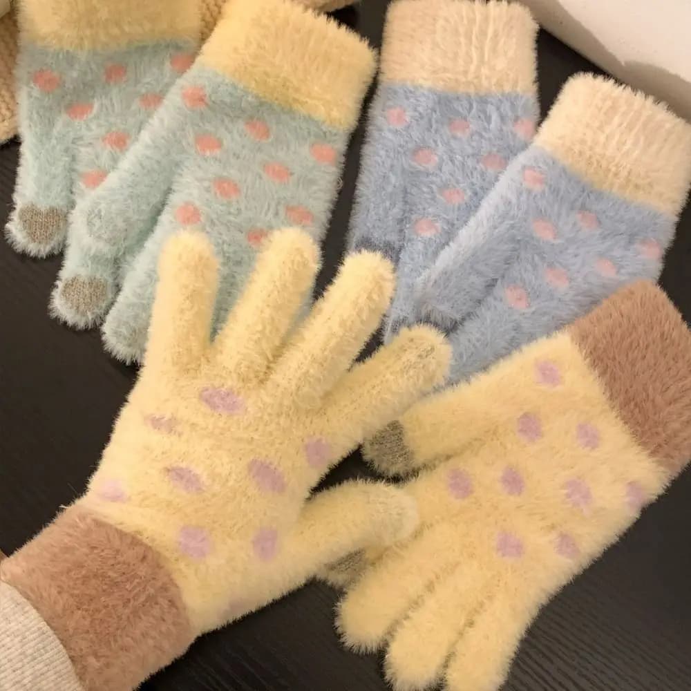 Cute Furry Knitted Gloves Touchscreen Wool Knit Five-Finger Gloves Thick Soft Warm Gloves Commute
