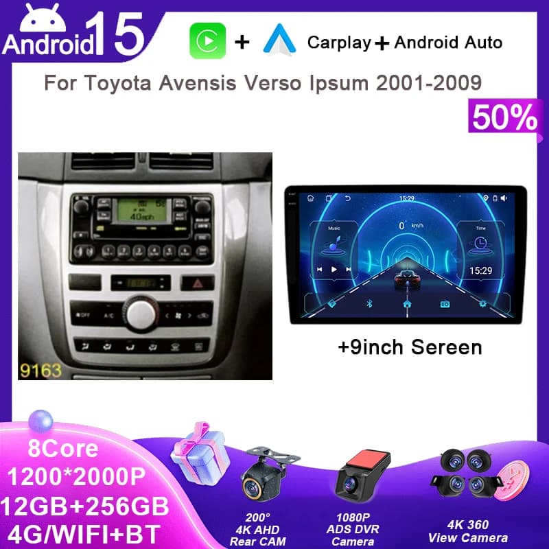 Autoradio Android with Video, GPS, Navigation, Multimedia and Carplay for Toyota Avensis Verso Ipsum 2001-2009, 4G/WIFI