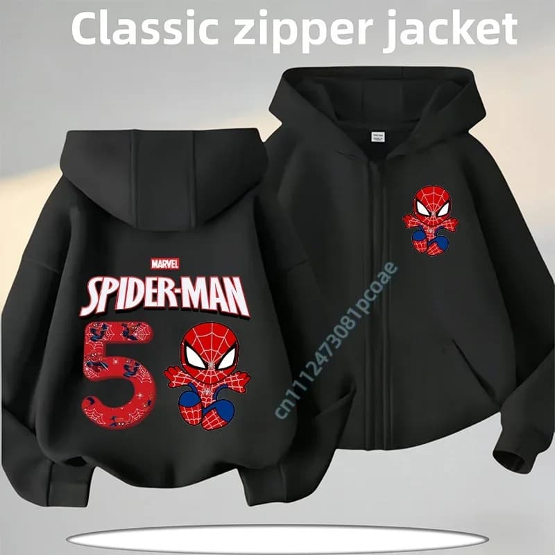 1-9 years old winter and autumn style Spider-Man cartoon print children's zipper hooded sweatshirt for boys, girls' casual top