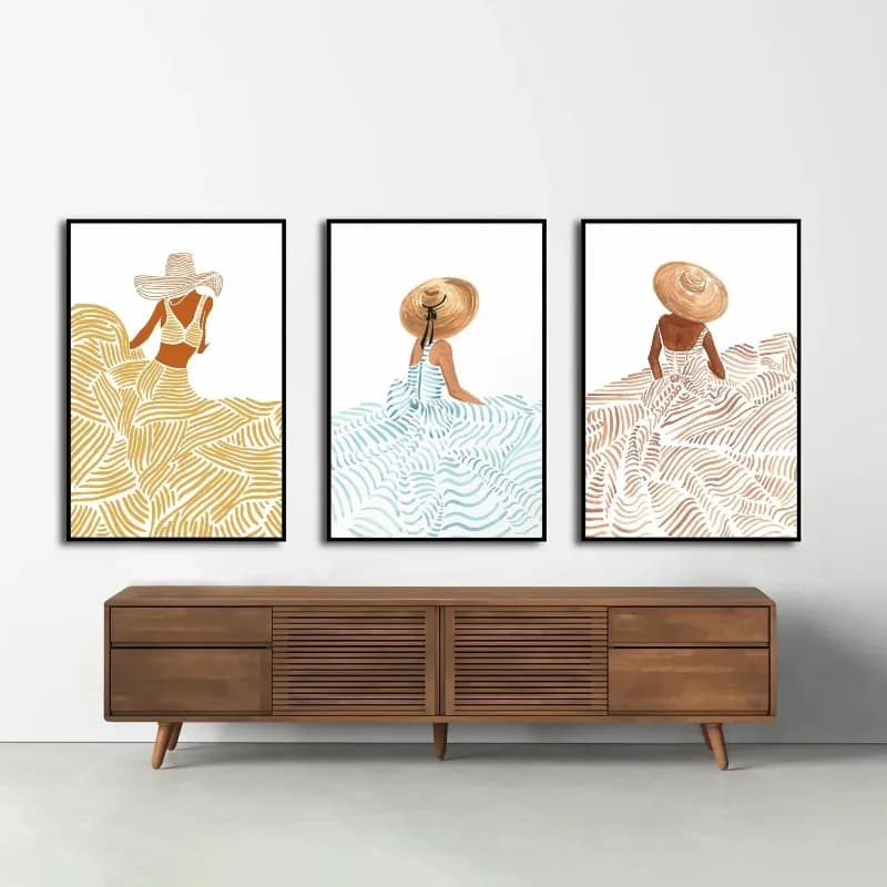 3PCS frameless decorative art print,Abstract Women Wall Art Set of 3, Coastal Fashion Print, Sun Hat Boho Decor, Flowing Dress P