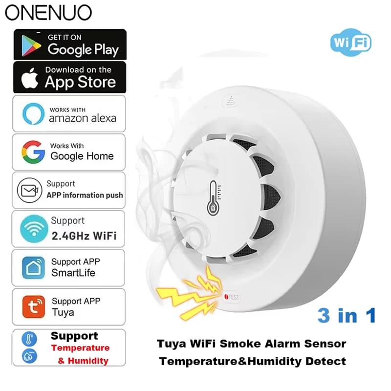 Tuya WiFi Allarme Fumo Sensore di Temperatura e Umidità Rilevatore di Fumo Allarme di Protezione Antincendio Smokehouse Combinazione Vigili del Fuoco
