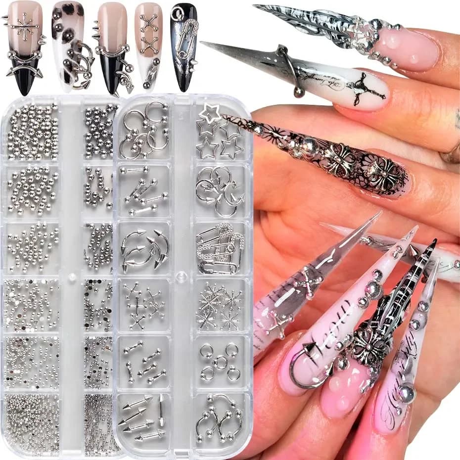 12 Griglie di Decorazioni per Unghie Punk Gotico Argentato, Borchie, Rivetti in Metallo, Piercing in Lega, Decorazioni Grunge Fai da Te per Nail Art, Forniture per Unghie Y2K