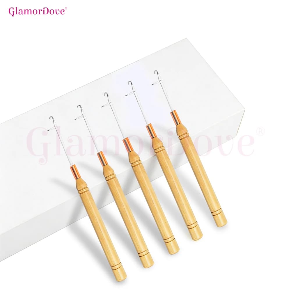 GlamorDove Set di 5 Aghi per Extension Capelli – Strumenti per Uncinetti a Lobo per Micro Perline in Silicone