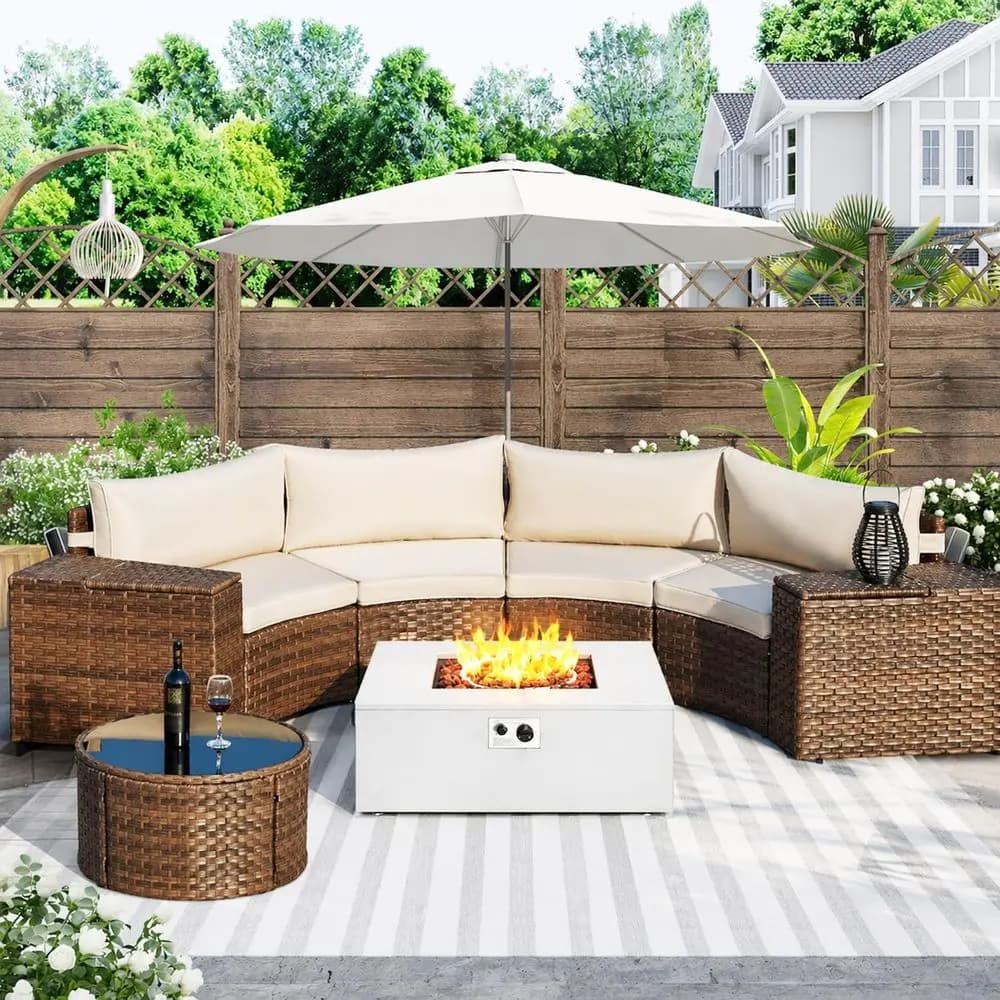 8-Piece Half-Moon Curved Patio Furniture Set with Fire Pit, Rattan Sectional Sofa, Thick Cushions, Outdoor Garden Cover (Beige,