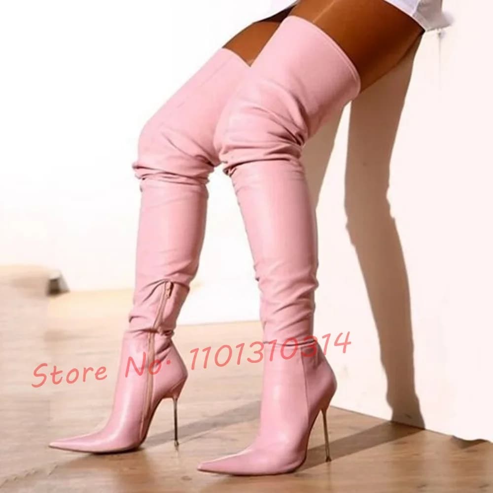 Stivali lunghi rosa con punta a punta Super donna Sexy tacchi alti in metallo elasticizzato stivali alti alla coscia vestito invernale moda scarpe di grandi dimensioni