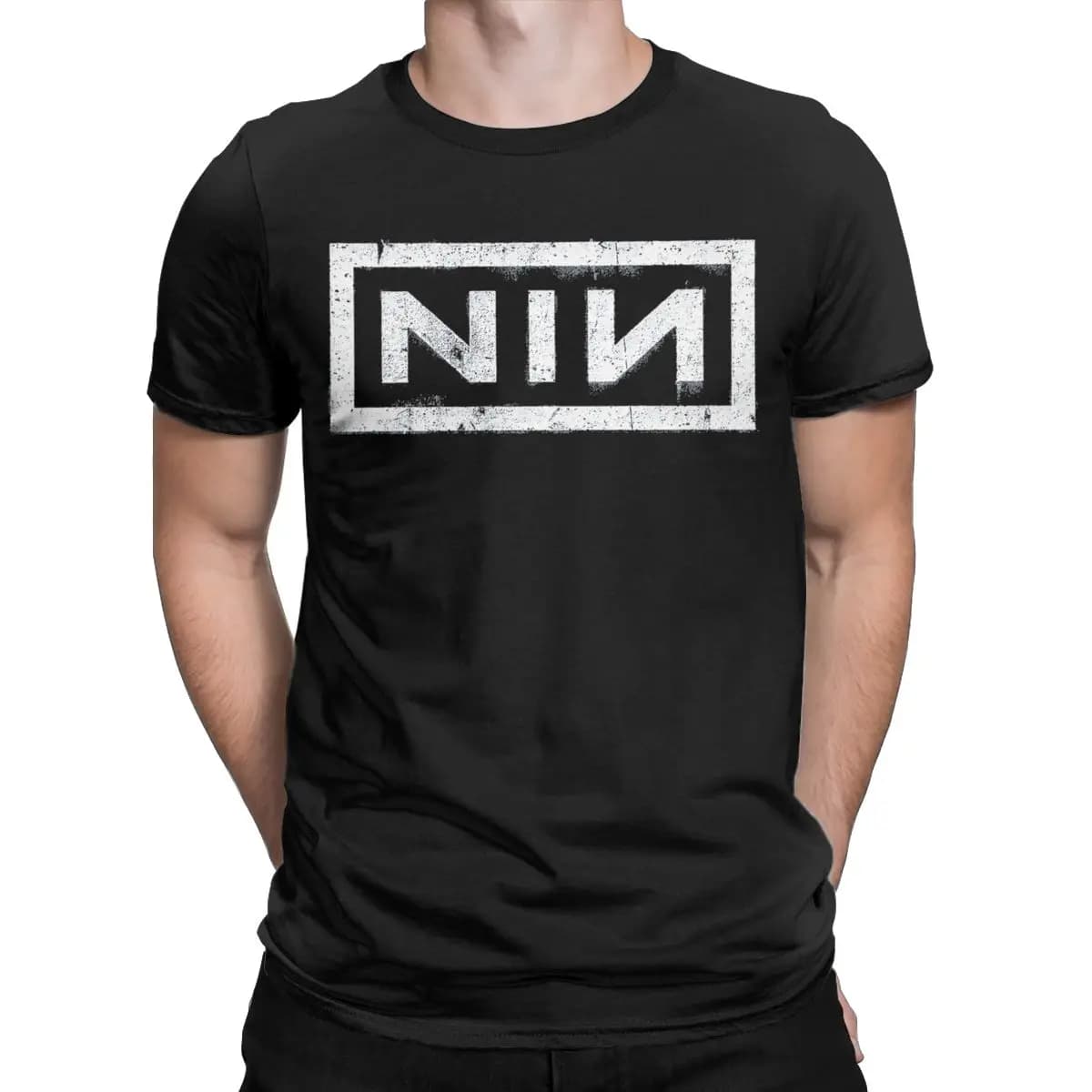 NIN Letter Print T-Shirt Retro Logo Nine Inch Nails Men's Fashion Cotton Crew Neck T-Shirt Creative Gift Clothing