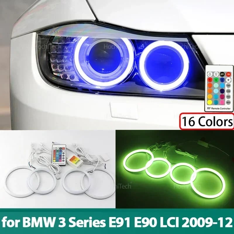 Anelli in cotone colorato RGB con telecomando per BMW Serie 3 E91 E90 LCI 2009-2012 Fari allo xeno LED Angel Eyes Anelli