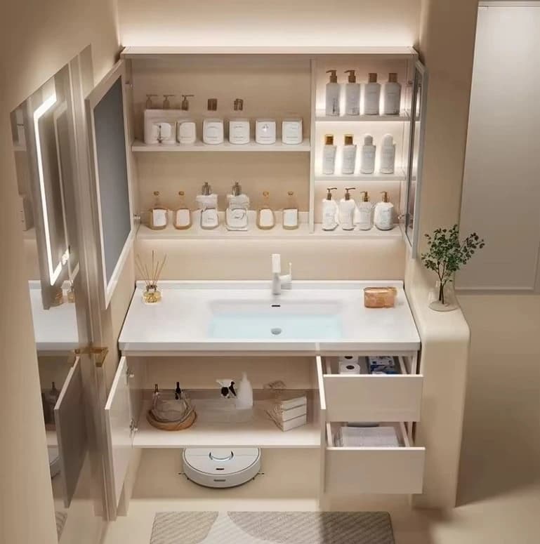 Mobile da Bagno, Lavabo e Lavandino Integrati in Ceramica, Armadietto con Specchio Intelligente, Stile Crema